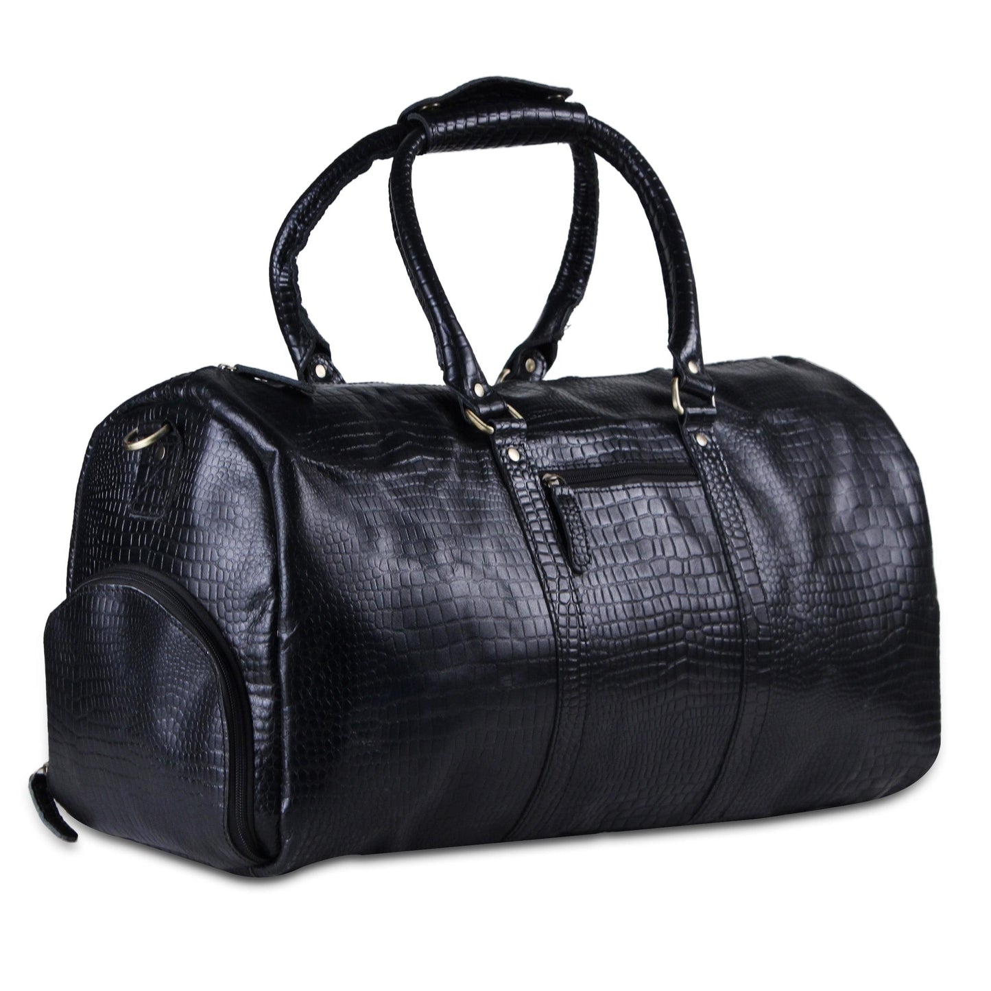 Genuine Black Leather Crocodile Textured Duffle Bag