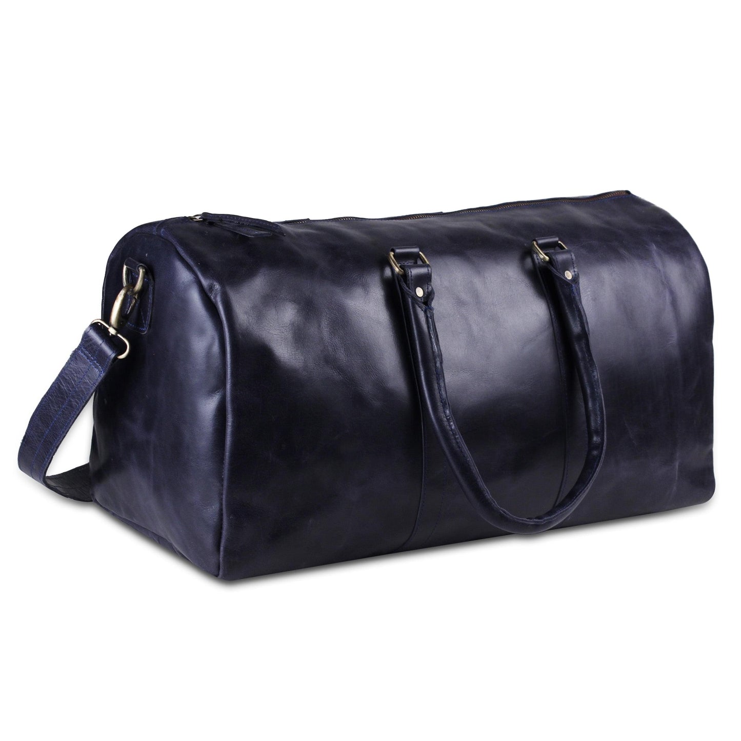 Genuine Leather Travel Weekender Duffle Bag- Dark Blue