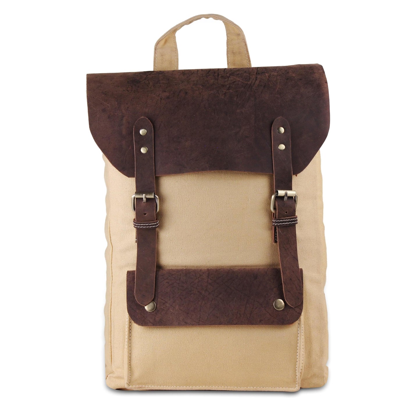 Brown Leather Canvas Backpack Knapsack Book Bag