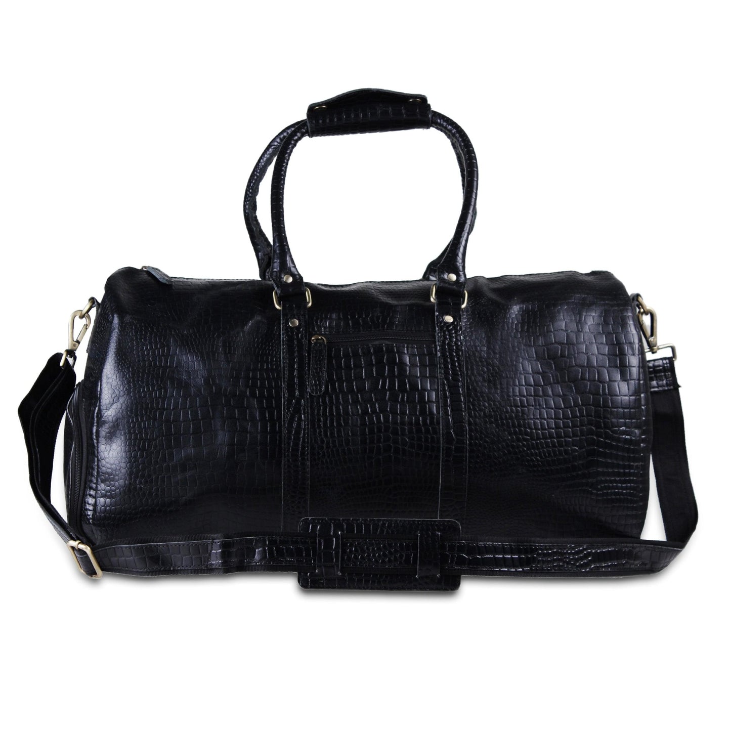 Genuine Black Leather Crocodile Textured Duffle Bag