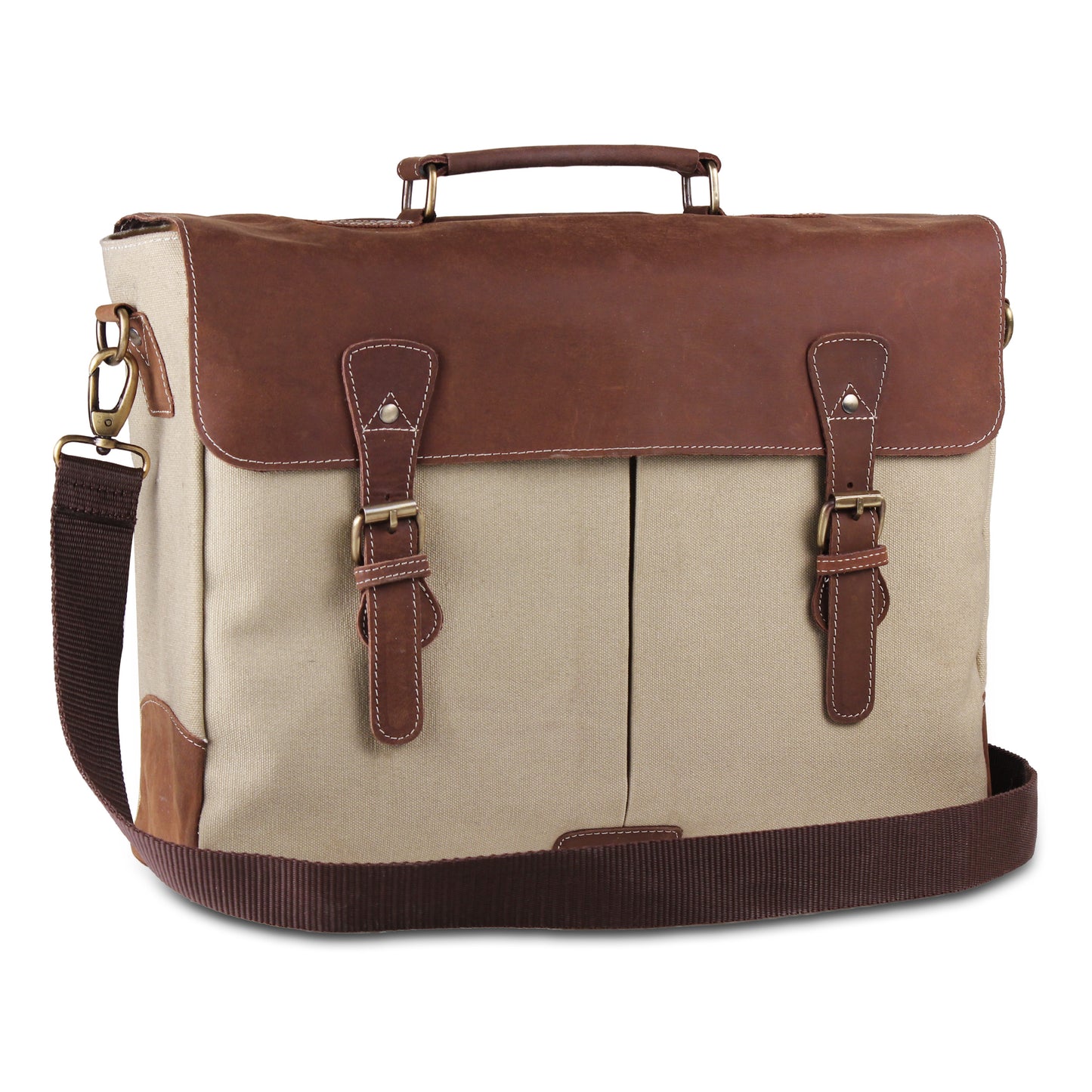 Black Large Leather Canvas Messenger Briefcase Bag Cream