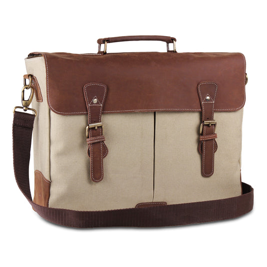 Black Large Leather Canvas Messenger Briefcase Bag Cream