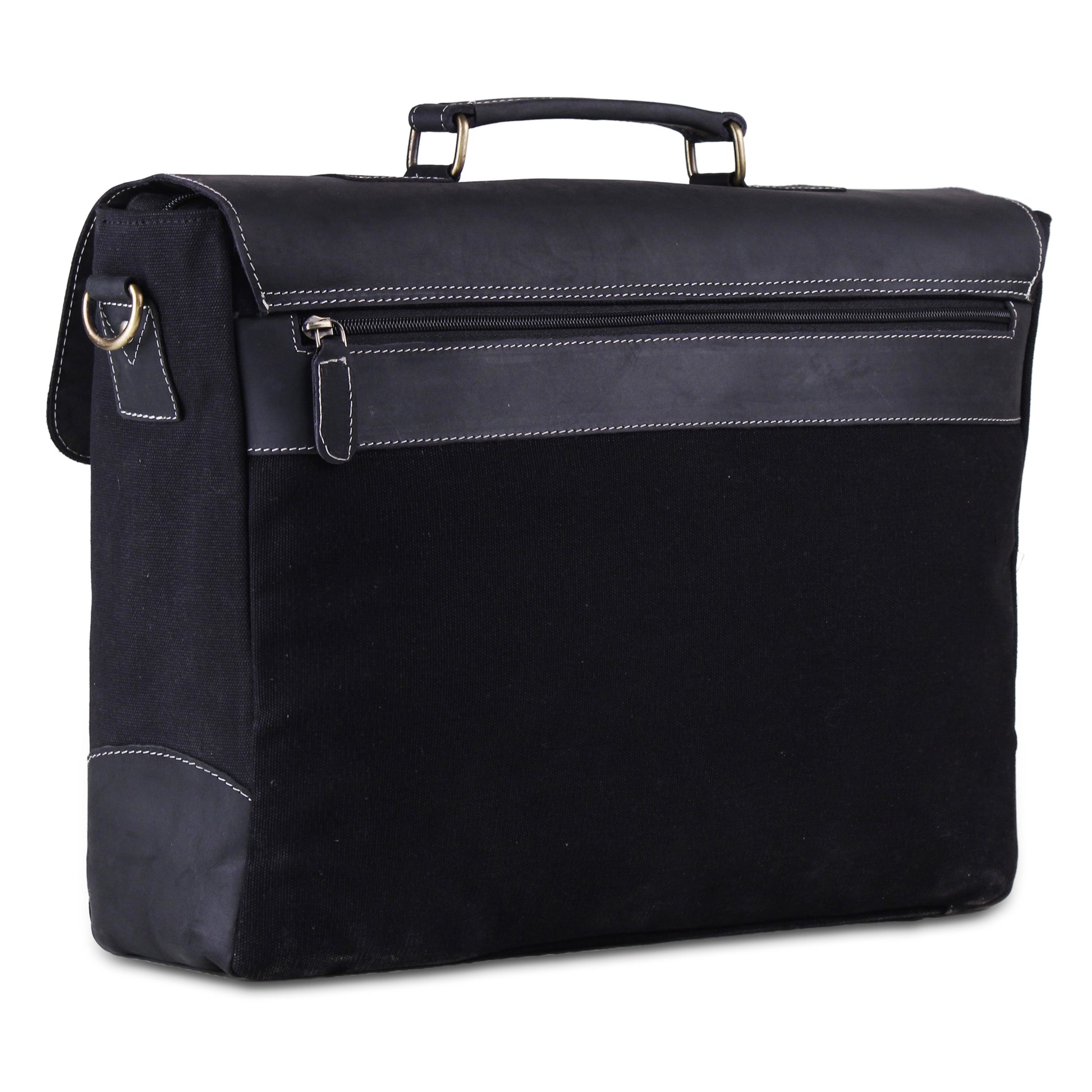 Large Black Leather Canvas Bag with Top Handle and Adjustable Strap