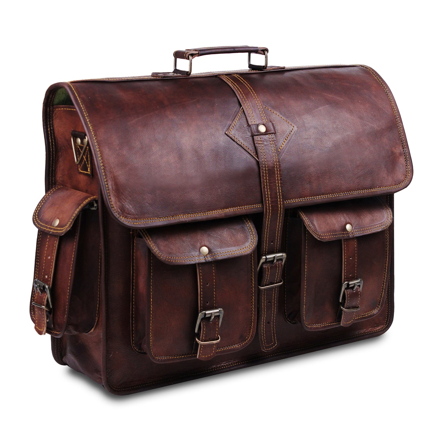 Large Leather Messenger Bag with Top Handle and Adjustable Strap