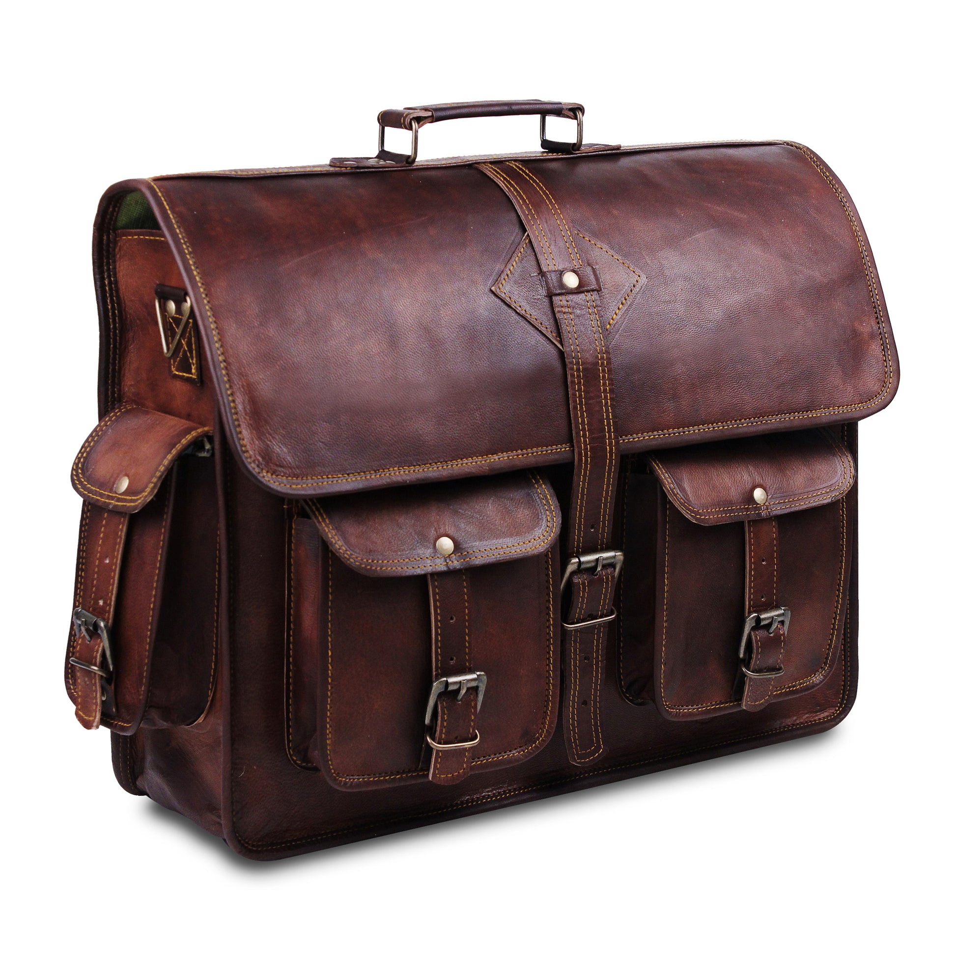 Large Leather Messenger Bag with Top Handle and Adjustable Strap