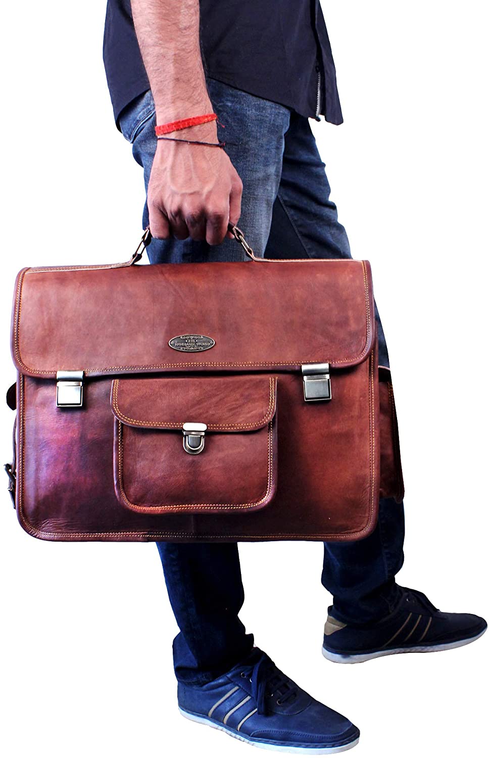 Large Leather Messenger bag with Push Clip and Top Handle