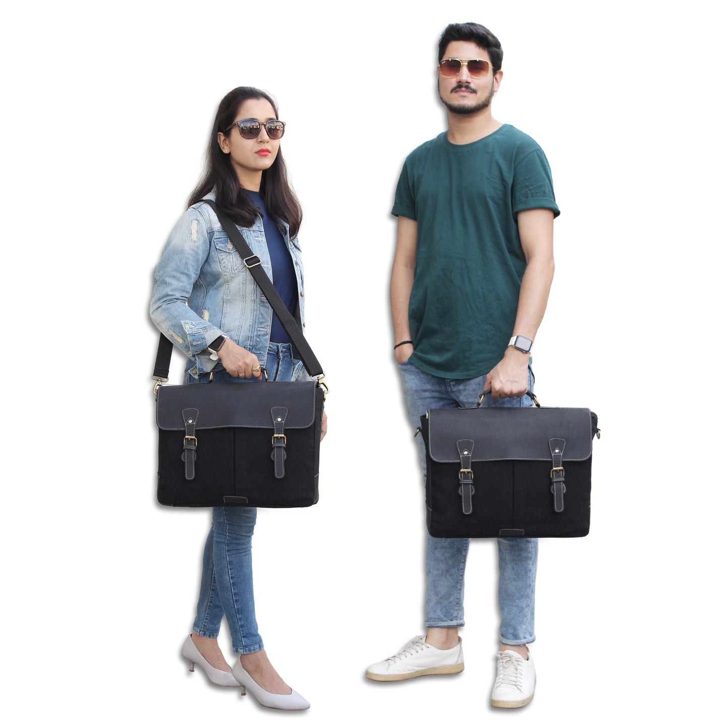 Black Canvas Leather Messenger Briefcase Bag with Top Handle for Office Use