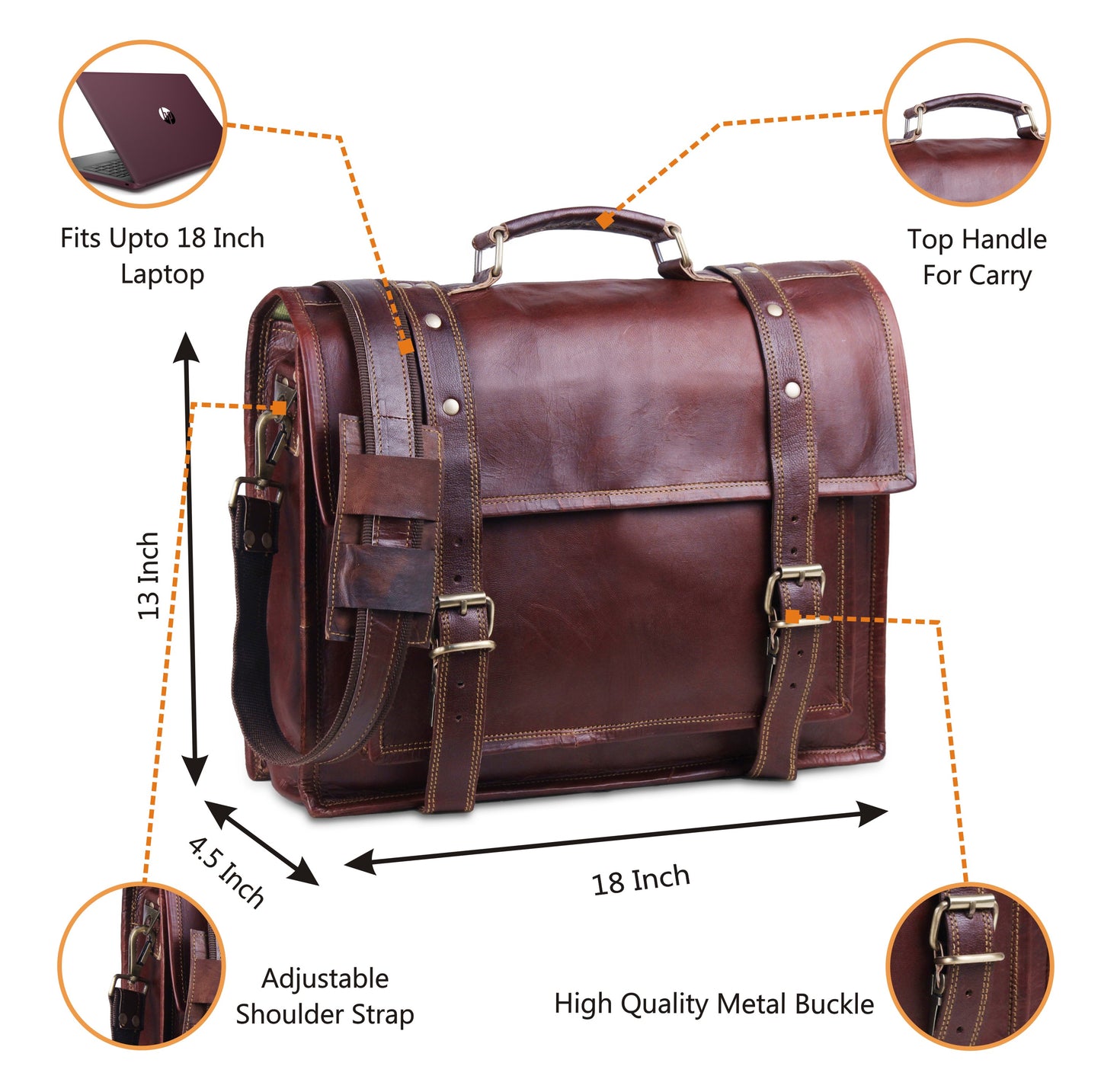 Full Grain Brown Leather Messenger Bag with Adjustable Strap