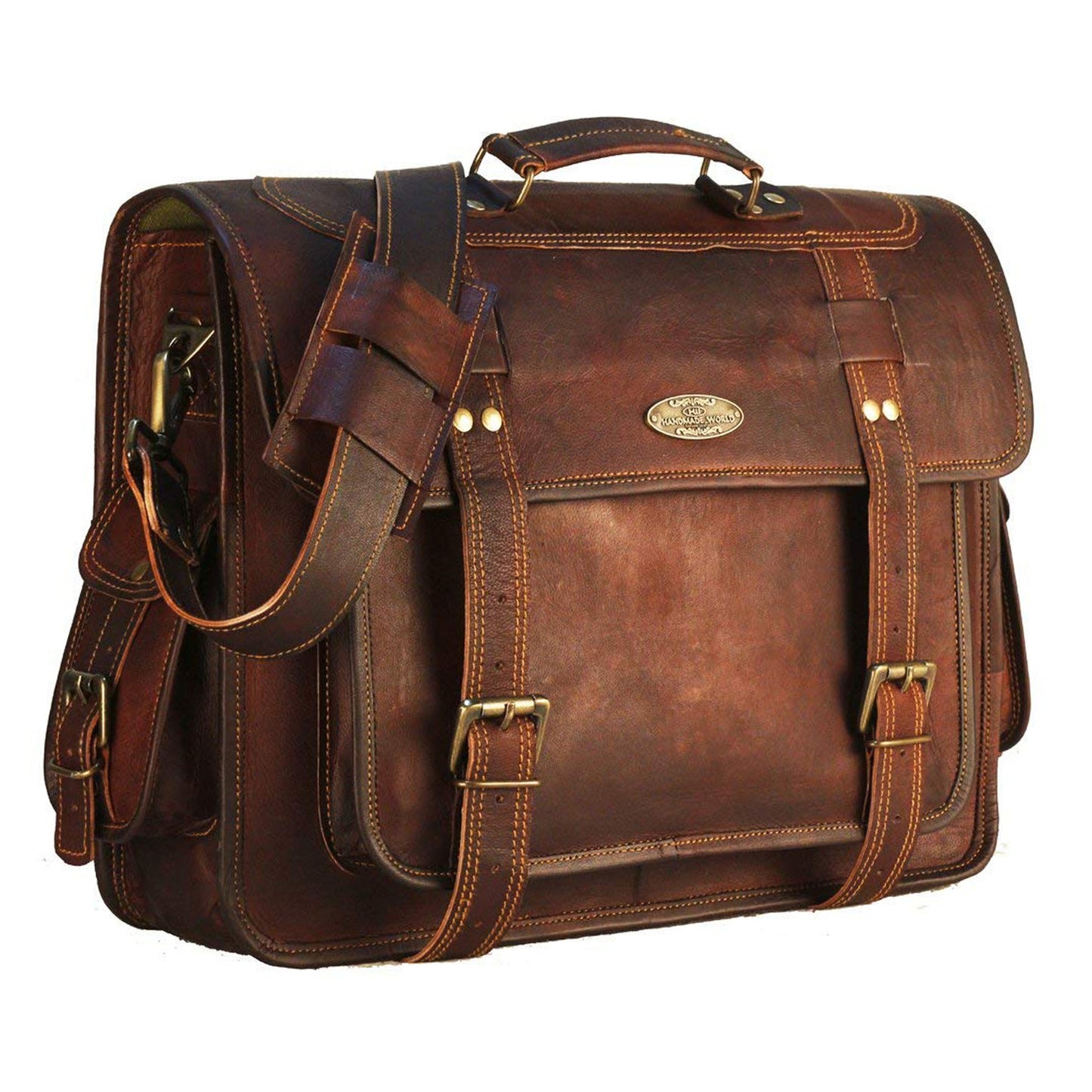 Rustic Brown Full Grain Briefcase Messenger Bag with Top Handle