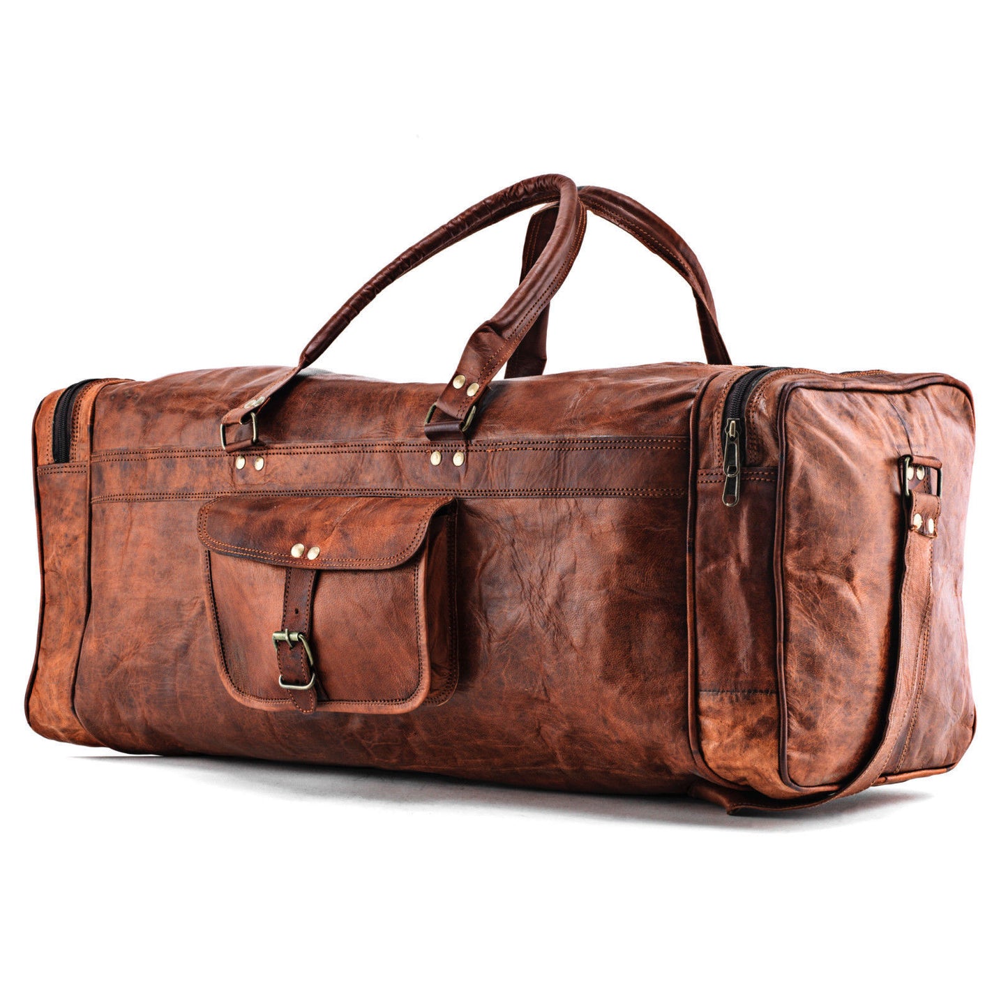 Large Full Grain Leather Messenger Bag with External Pocket and Top Handle