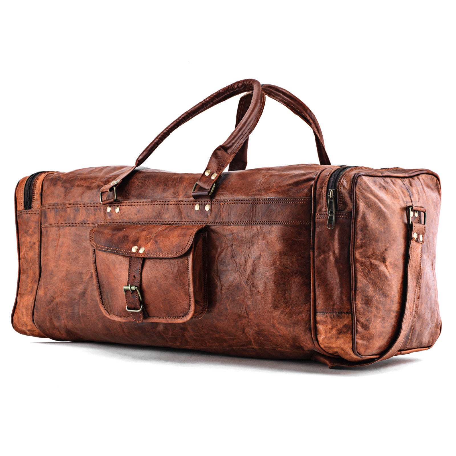 Large Full Grain Leather Messenger Bag with External Pocket and Top Handle