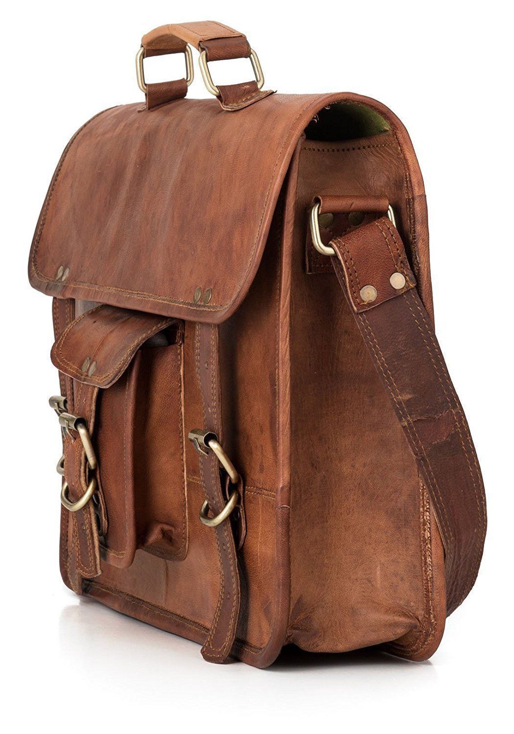 Large Leather Messenger Bag with Top Handle and Adjustable Strap