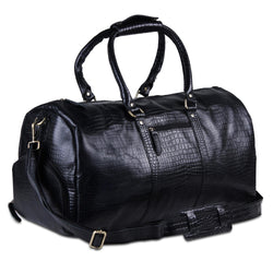 Genuine Black Leather Crocodile Textured Duffle Bag