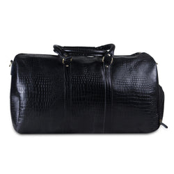 Genuine Black Leather Crocodile Textured Duffle Bag