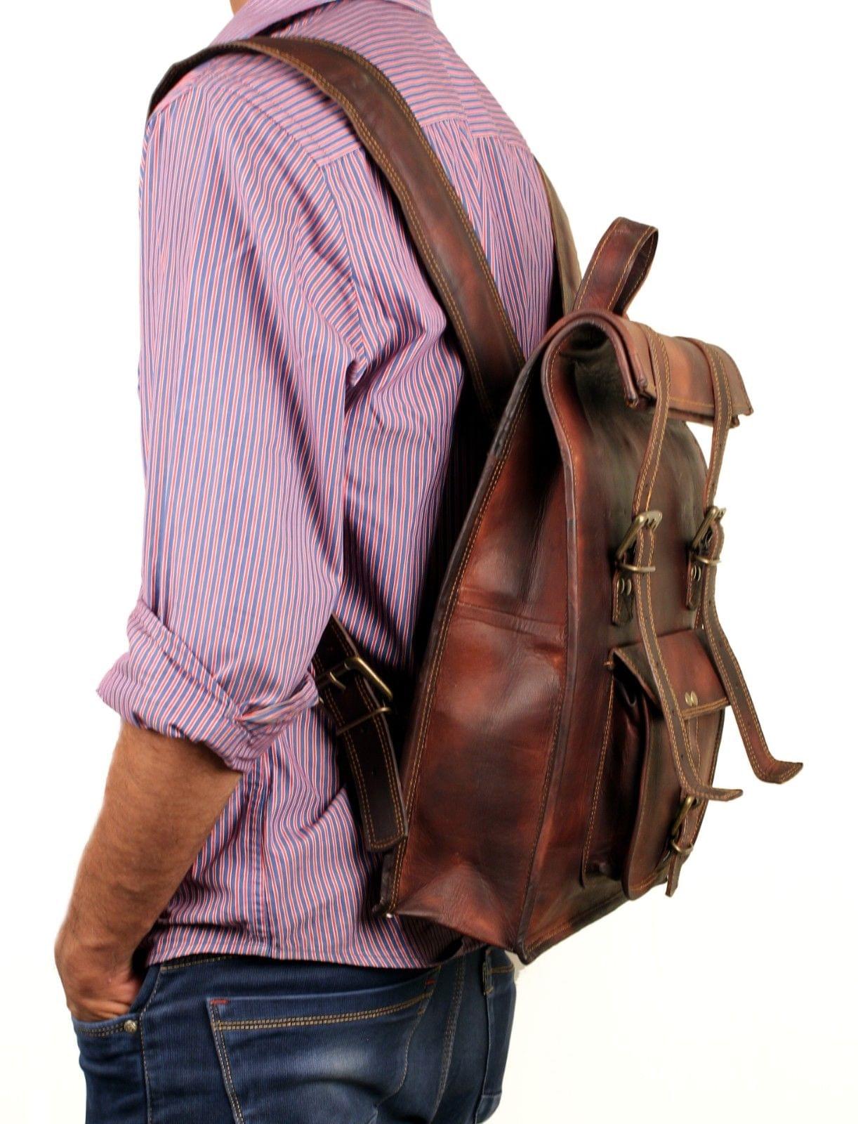 Hulsh Handmade 16 inch Brown Leather Backpack for Men Vintage Easy Open Push Lock Genuine Leather Backpack for Women | Leather Laptop