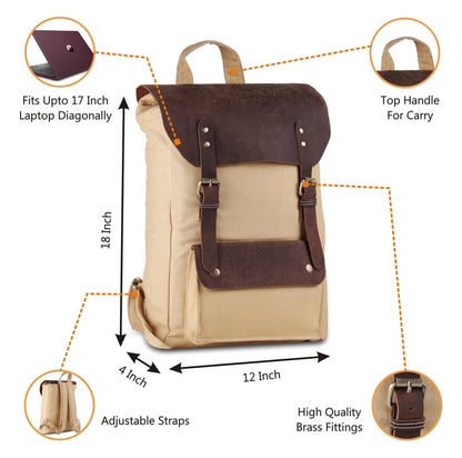 Brown Leather Canvas Backpack Knapsack Book Bag