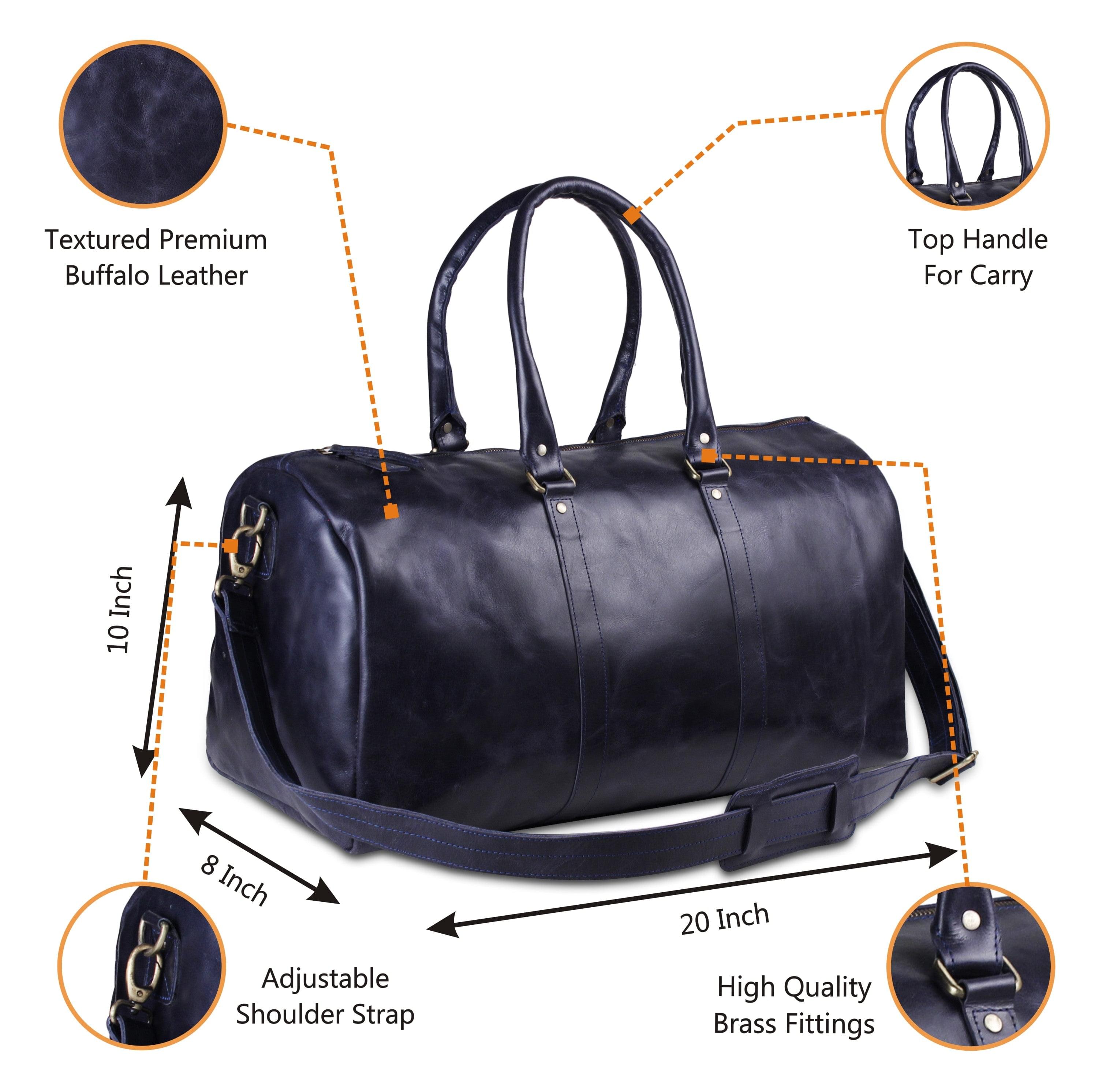 Genuine Leather Travel Weekender Duffle Bag- Dark Blue