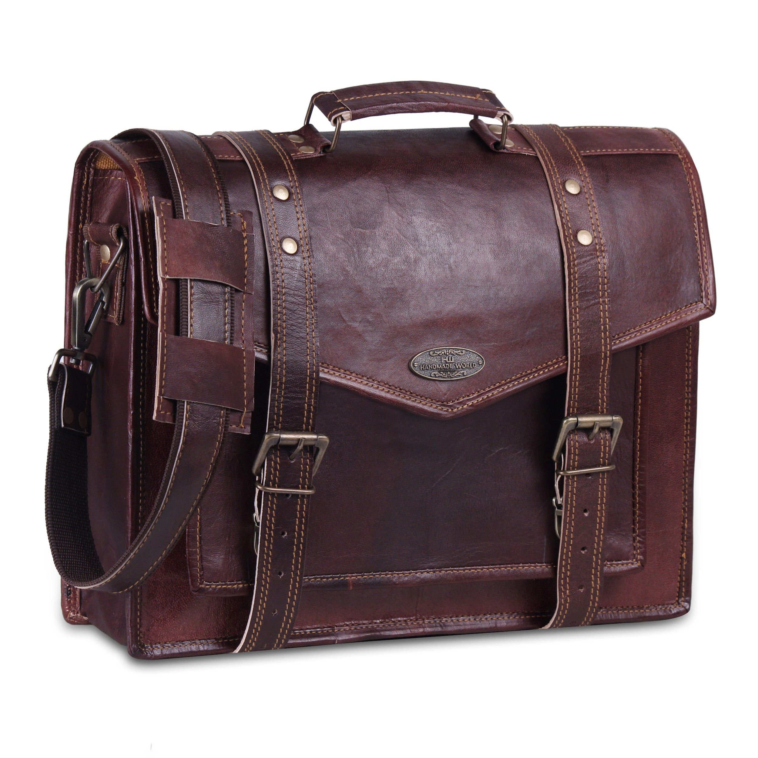 Genuine leather Messenger Bag with V flap and Top Handle