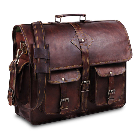 Genuine Full Grain Brown Leather Messenger Briefcase Bag with Adjustable Strap