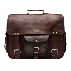 Full Grain Brown Leather Messenger Bag with Brass Buckle