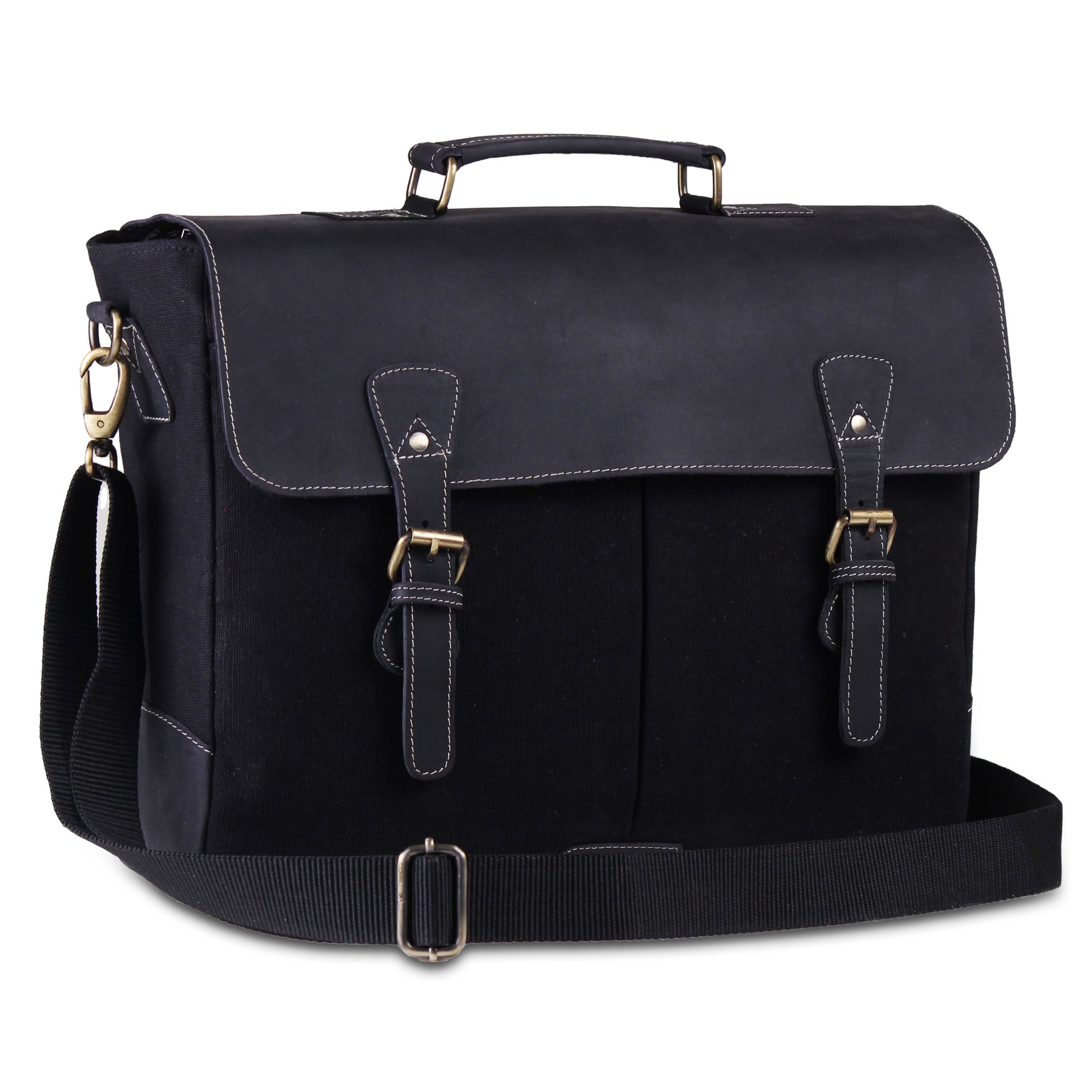 Black Large Leather Canvas Messenger Briefcase Bag Black