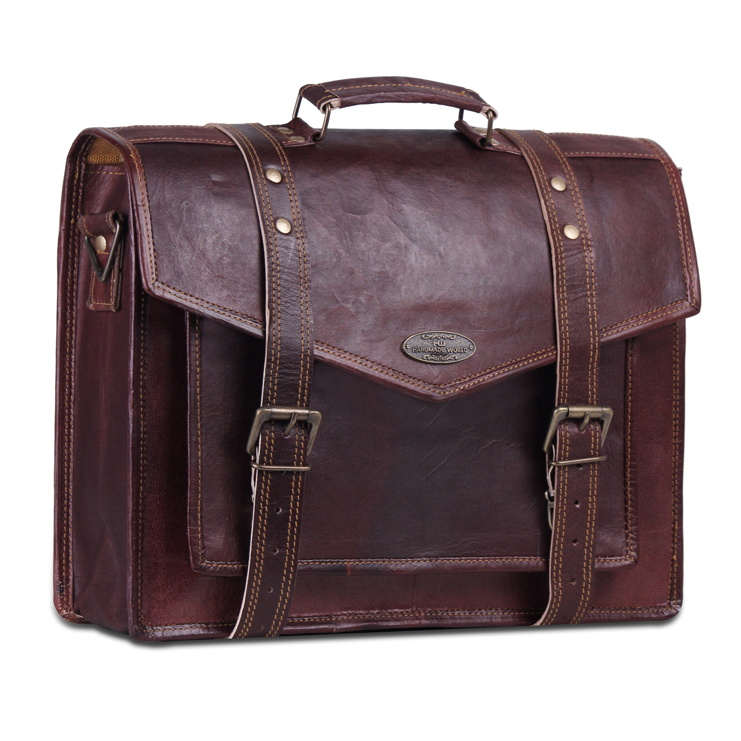 V Flap Brown Leather Messenger Bag with Top Handle