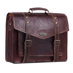 V Flap Brown Leather Messenger Bag with Top Handle