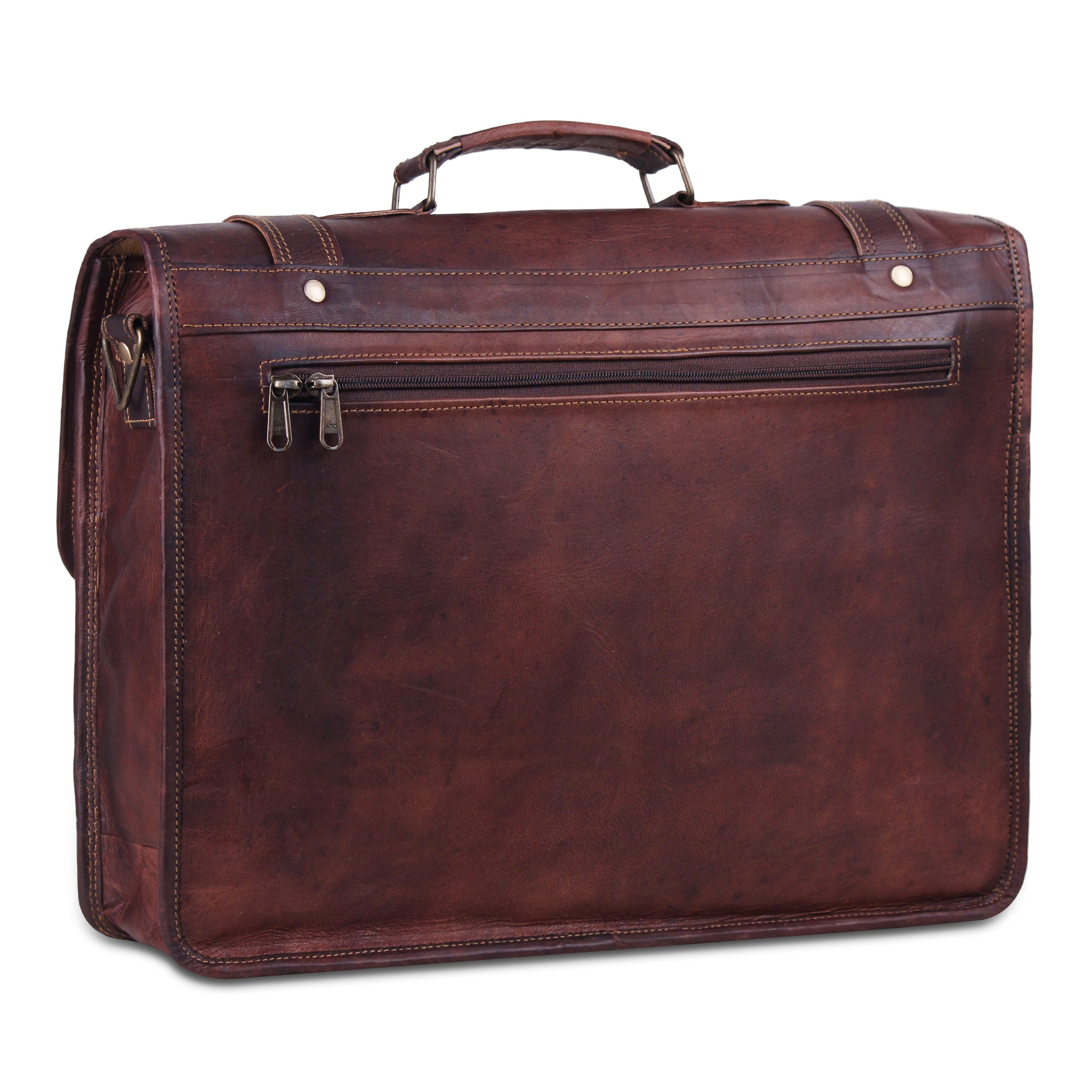 Large Rustic Brown Leather Messenger Briefcase Bag with Top Handle