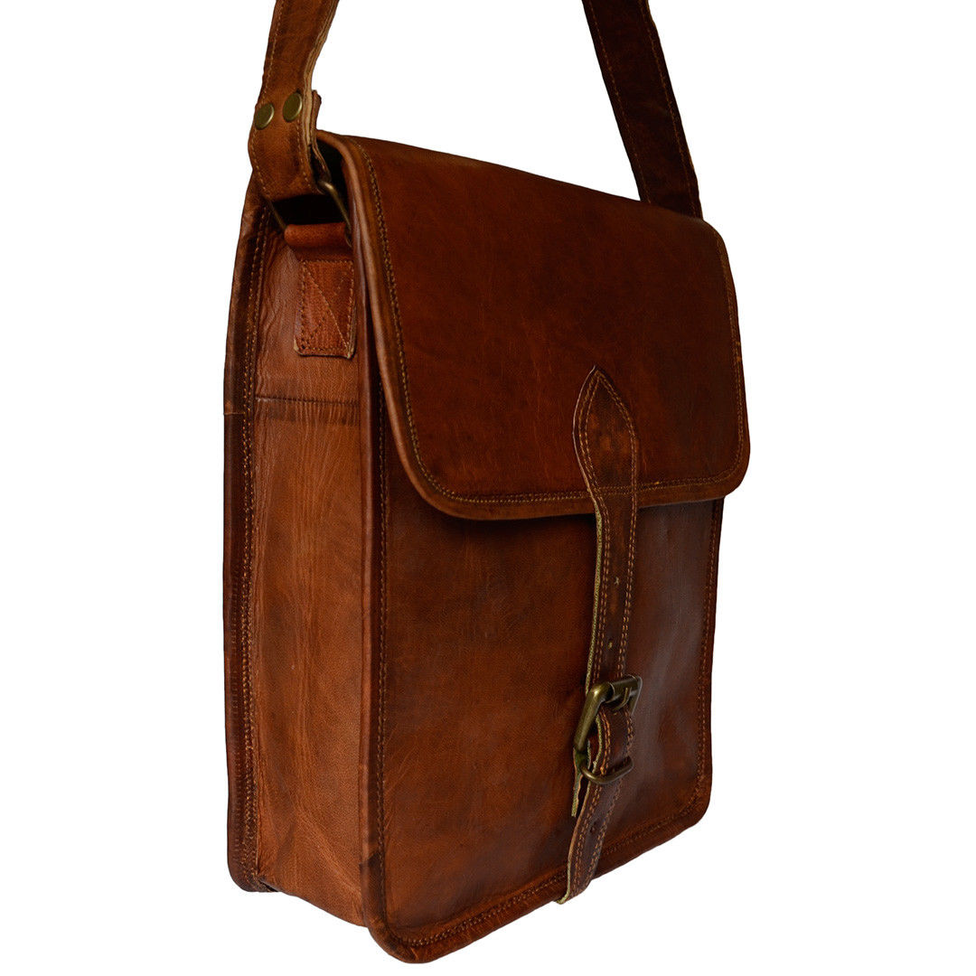 Genuine Full Grain Brown Leather Satchel Tablet Bag