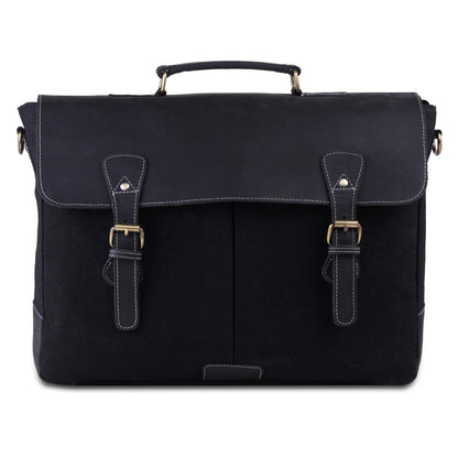 Large Genuine Full Grain Leather Canvas Briefcase Bag with Top Handle - Black