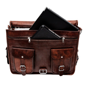 Genuine Brown Leather Vintage Laptop Messenger Briefcase Bag with Laptop Padding