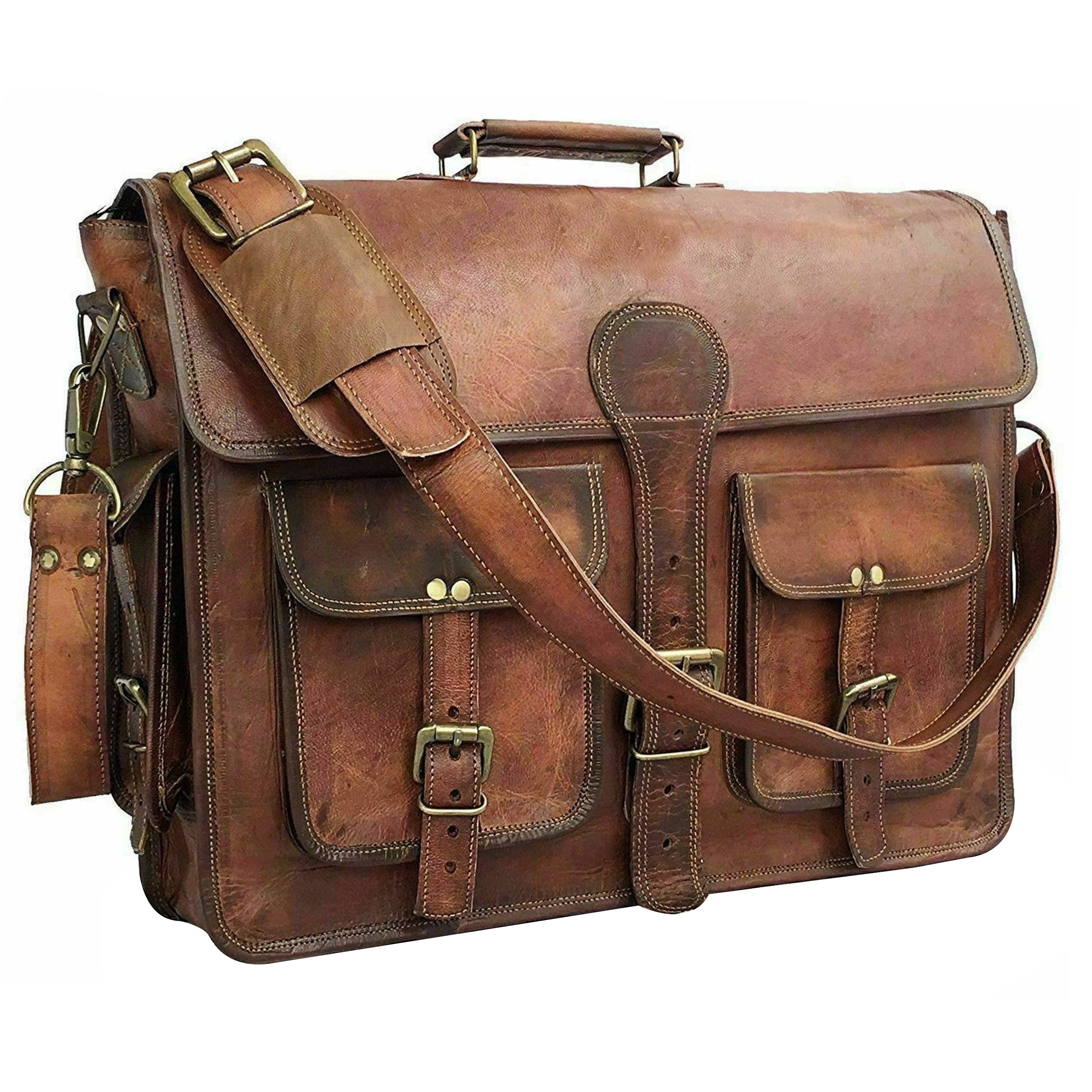 Hulsh Vintage Leather Laptop Bags for Men Full Grain Large Leather Messenger Bag for Men 18 Inches with Rustic Look Best Leather Brief