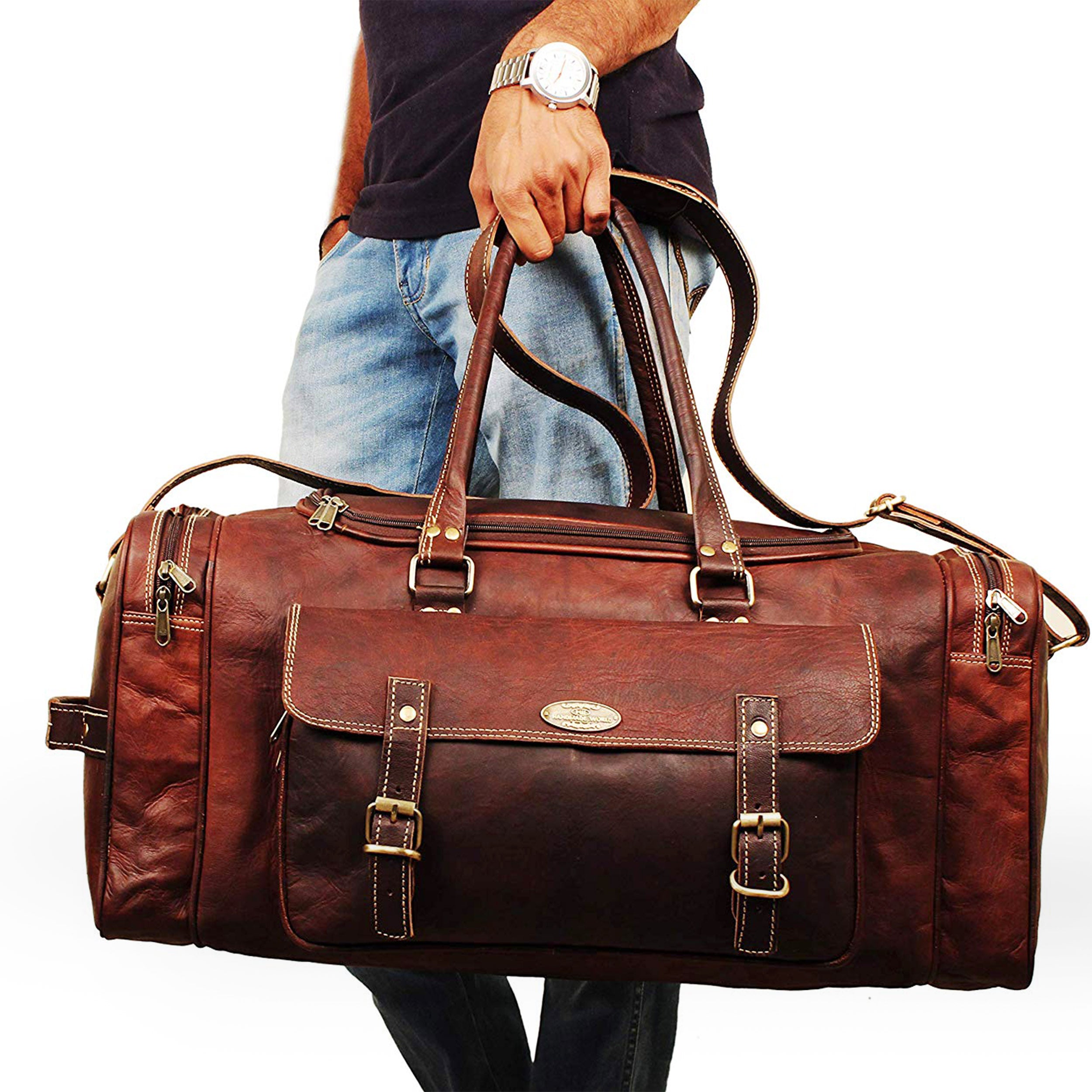 large Leather travel duffle bag for men women