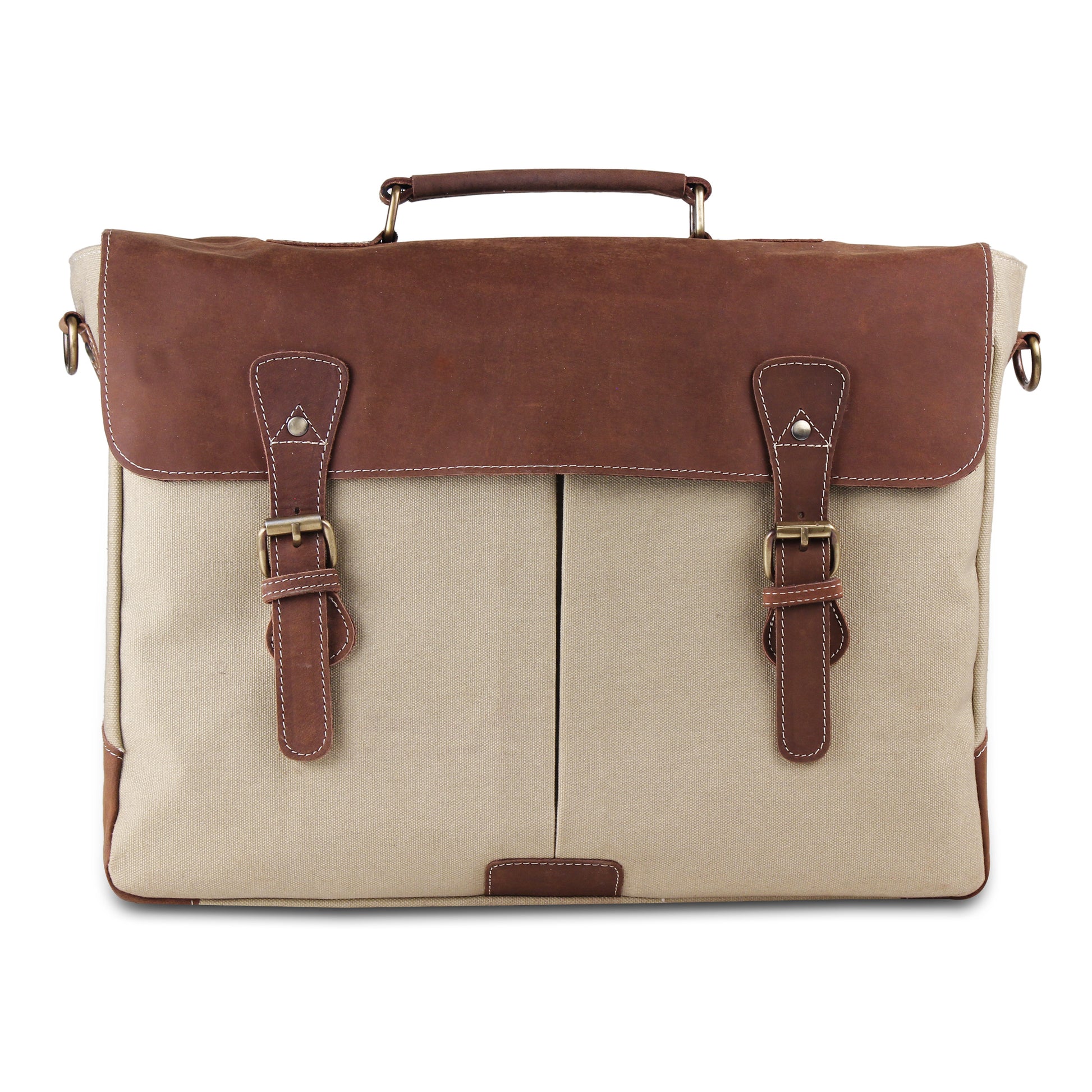 Large Genuine Full Grain Leather Canvas Briefcase Bag with Top Handle - Cream