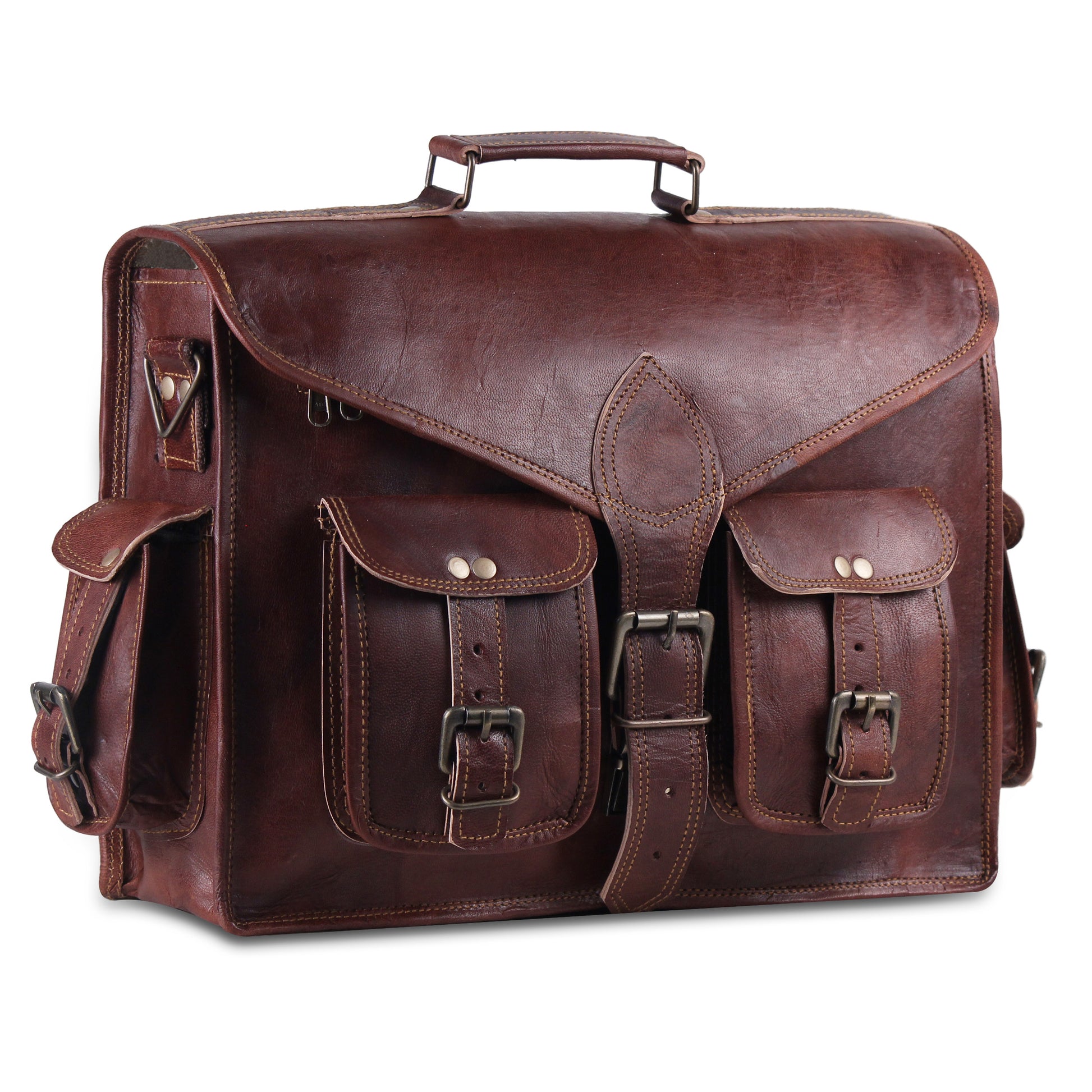 Vintage Leather Messenger Bag with External pockets