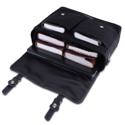Black Leather Canvas Messenger Bag with Laptop Padding