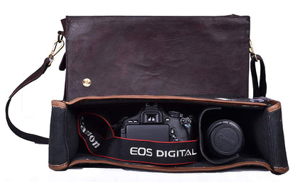 Large Leather DSLR Camera Bag with Padded Shoulder Strap