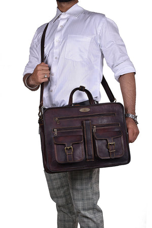 Full Grain Leather Briefcase with Top Handle and Adjustable Strap