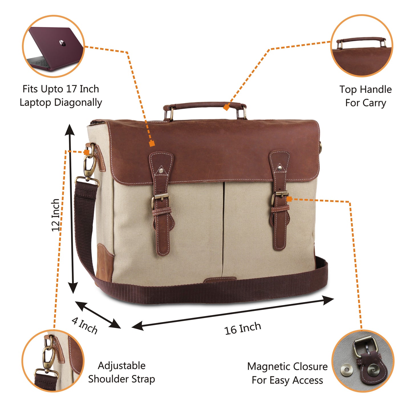 Cream Leather Canvas Messenger Bag with Laptop Padding