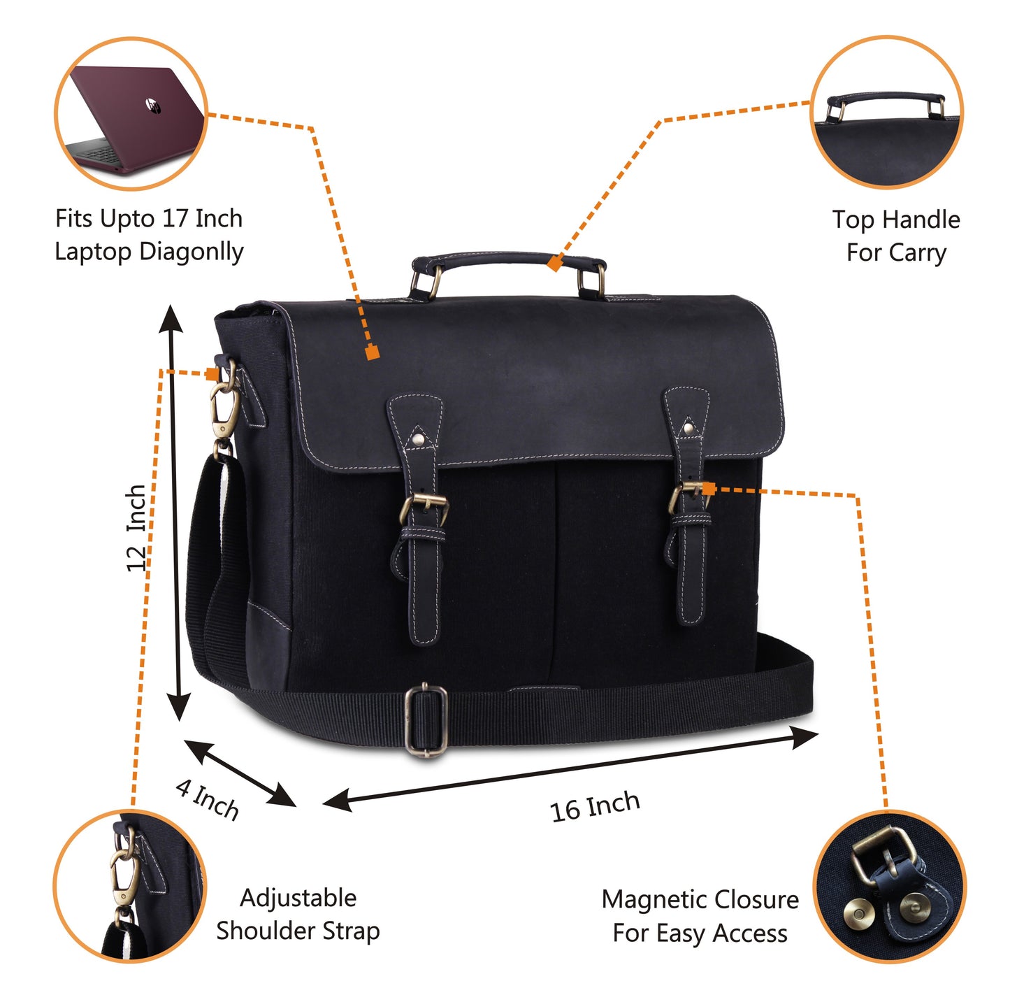 Genuine Full Grain Rustic Black Leather Messenger bag with Adjustable Bag