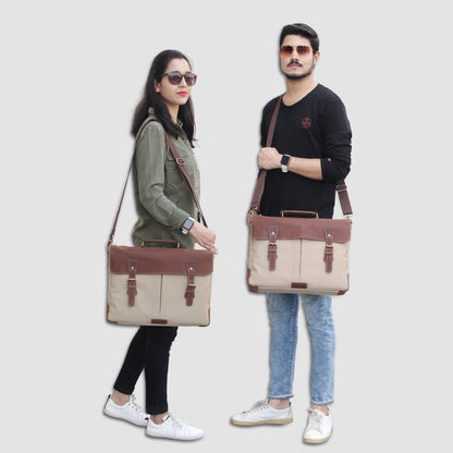 Genuine Full Grain Rustic Cream Leather Messenger bag with Adjustable Bag