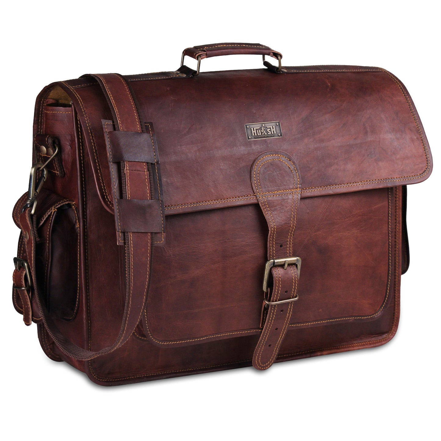 Genuine Leather Messenger Full Grain Messenger Briefcase Bag - Brown