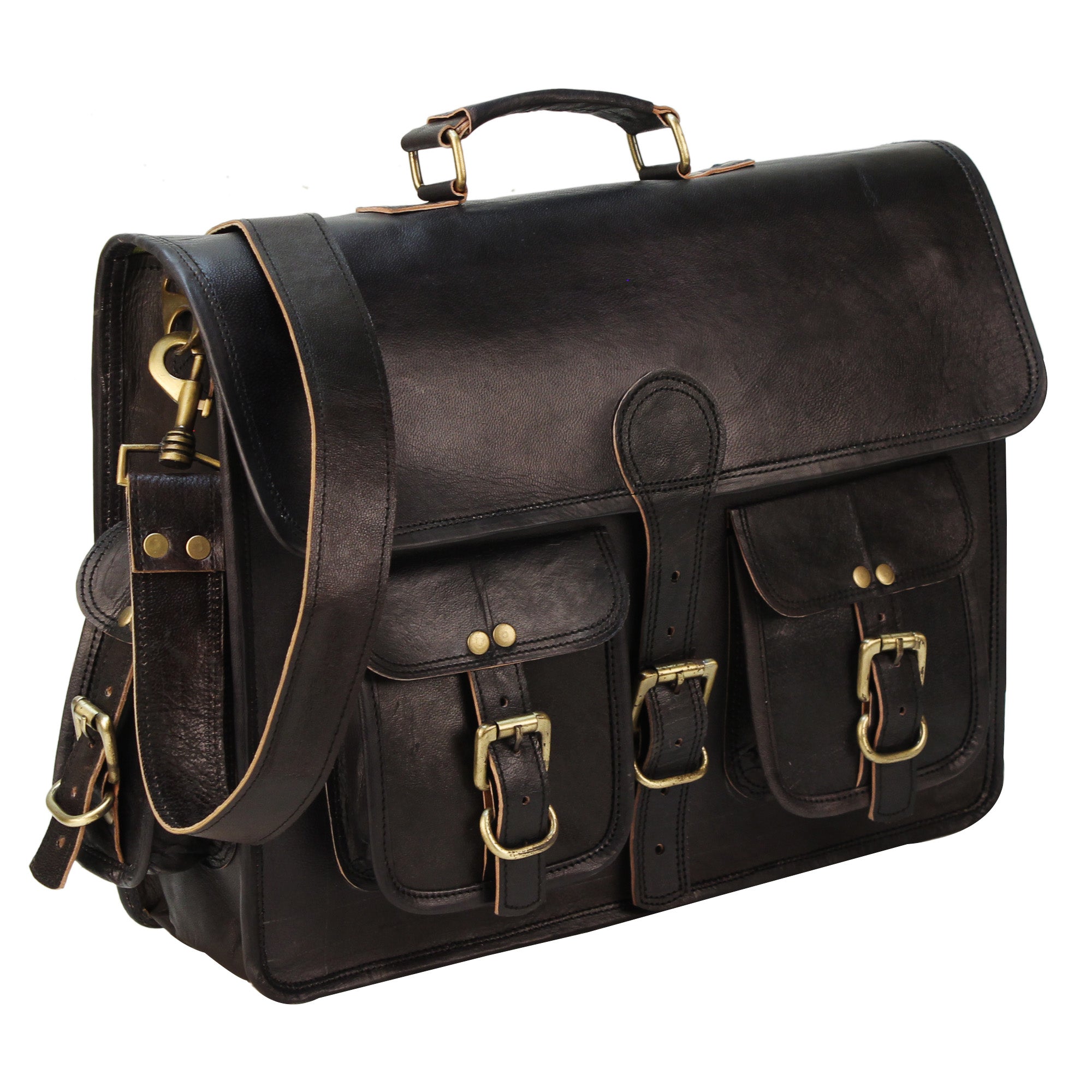 Black Leather Messenger Bag with Brass Buckle