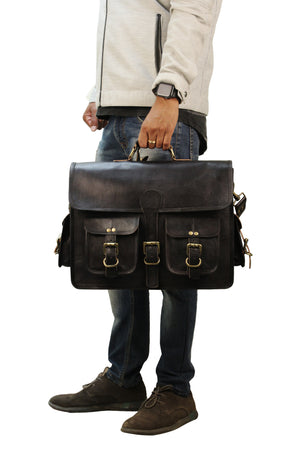 Black Leather Briefcase Messenger Bag with Top Handle