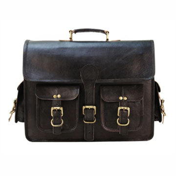 Full Grain Black Leather Messenger Bag with Brass Buckle