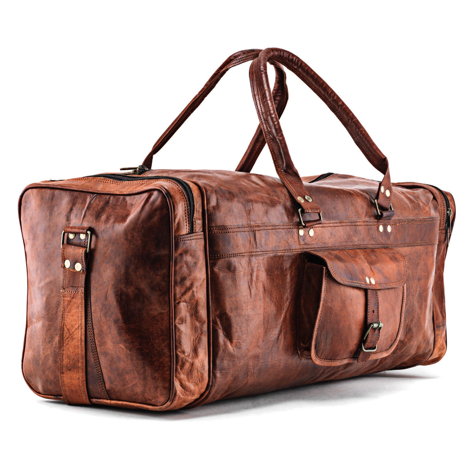 Full Grain Large Leather Square Duffle Bag with Top Handle