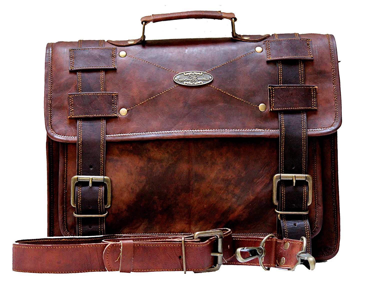 Full Grain Brown Leather Messenger Bag with Adjustable Strap