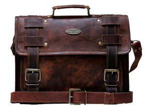 Vintage Brown Leather Messenger Laptop Bag with Top Handle and Adjustable Strap